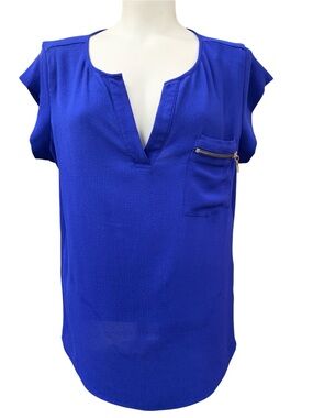 Milano Royal Blue Split V-Neck Short Sleeve Blouse Size M